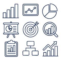 Data visualization icons, including charts, graphs, and analytics symbols, represent growth