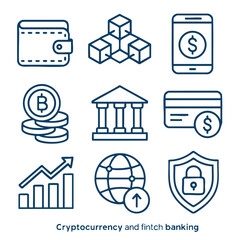 Cryptocurrency wallet, banking, and financial technology icons represent modern finance