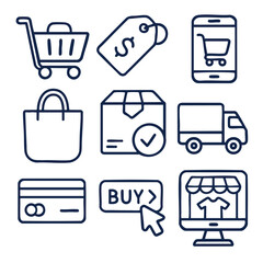 Online shopping icons, cart, payment, delivery, and purchase symbols in simple design