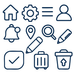 Simple icons representing various functions and features, including home, settings