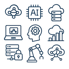 Cloud computing icons, artificial intelligence, data analysis, and automation concepts depicted
