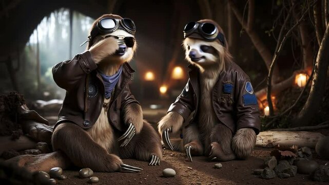 Two sloths in a forest with a fire in the background