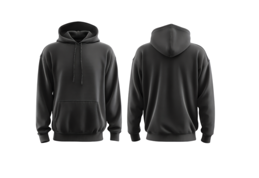 Washed Black Hoodie front and back view, Mockup Design isolated on transparent white background - Powered by Adobe