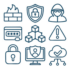 Secure icons representing cybersecurity concepts, including firewalls, shields, and alerts
