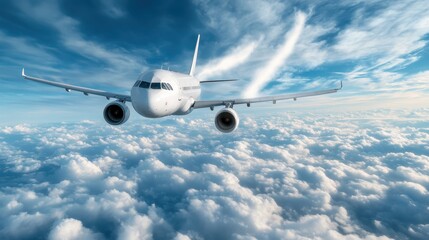 Obraz premium A stunning airplane soaring through a backdrop of fluffy white clouds under an expansive blue sky, symbolizing travel, freedom, and adventure in modern aviation.