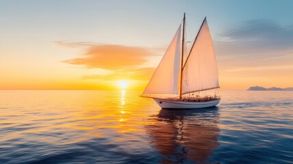 Fototapeta premium A beautiful sailing boat gliding across tranquil waters during a stunning sunset, symbolizing freedom, adventure, and the peaceful connection with nature and the sea.