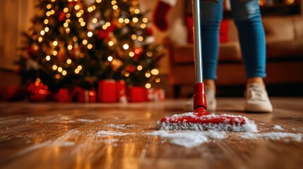 A person is seen cleaning the floor underneath a beautifully decorated Christmas tree, creating a warm and festive atmosphere perfect for holiday gatherings.