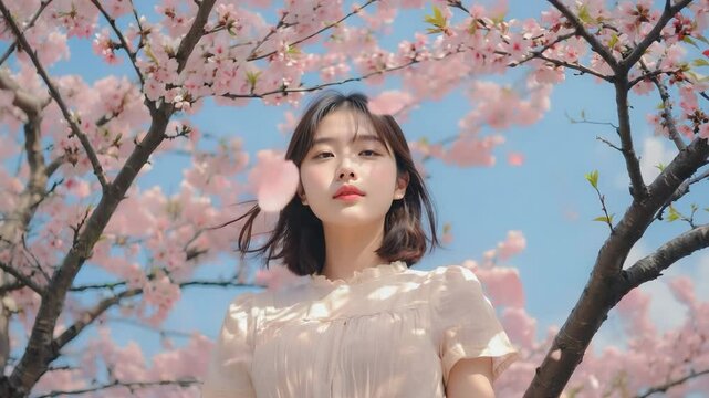 Beautiful Asian Woman with Short Hair and Pink Cherry Blossom Petals on Her Face Standing Under Blooming Trees on a Sunny Day