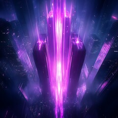 A futuristic city scene with illuminated high rise buildings