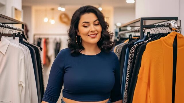 Happy plus-size woman choosing clothes in a fashion boutique. Body positivity, shopping, and self-love concept. Scene for inclusive fashion brands and retail store promotions