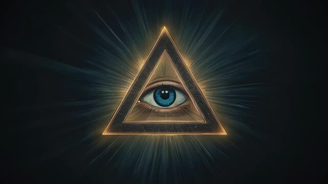 Mystical golden eye inside a glowing triangle radiates powerful energy, symbolizing enlightenment, divine vision, cosmic awareness, secret knowledge, higher consciousness, and spiritual awakening