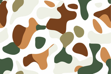 Camouflage pattern composed of brown, green, and white shapes in an abstract form. The background is plain white with no text or images, creating a minimalist effect.