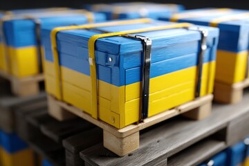 Pallet with boxes painted in the colors of the Ukrainian flag secured with yellow straps and black hardware