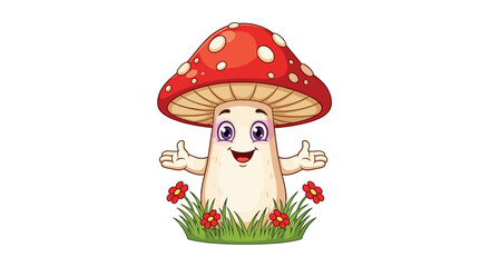 Enchanting Mushroom Character with Red Cap Standing Amongst Flowers in a Green Field Illustration
