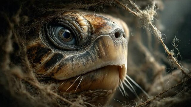 A close-up of a turtle's face framed by natural textures, showcasing unique features.