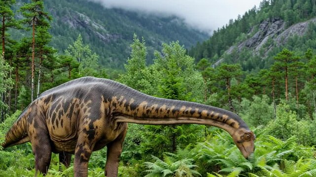 Sauropod dinosaur feeding on ferns. Mountainous backdrop shows the herbivore's majestic size and natural habitat.