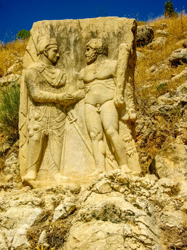 Nemrut or Nemrud archeological site in Turkey. Nemrut Dag high mountain in Adiyaman, summit with large statues in a royal tomb from ancient times. King Antiochus I Theos of Commagene tomb-sanctuary