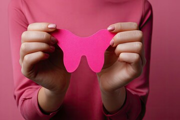 Person holds pink breast cancer awareness ribbon cutout against matching background