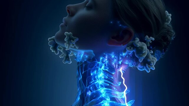 Medical animation showing different stages of thyroid cancer growth in a female patient, highlighting the progression of the disease from initial appearance to advanced stage