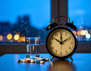 alarm clock and medicine on the table with blur window background, medicine reminder concept