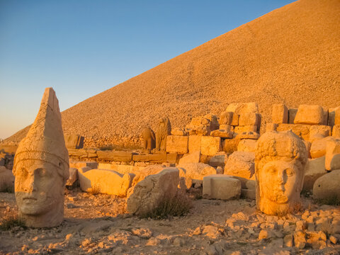 Nemrut or Nemrud archeological site in Turkey. Nemrut Dag high mountain in Adiyaman, summit with large statues in a royal tomb from ancient times. King Antiochus I Theos of Commagene tomb-sanctuary