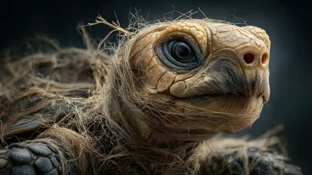 A close-up view of a turtle with a unique, textured shell and expressive eyes.