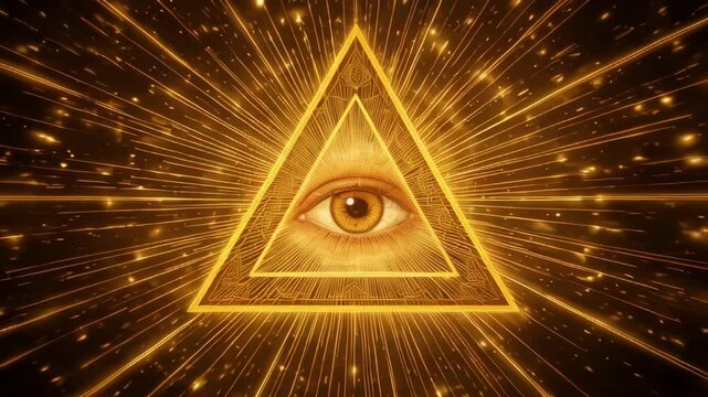 Mystical golden eye inside a glowing triangle radiates powerful energy, symbolizing enlightenment, divine vision, cosmic awareness, secret knowledge, higher consciousness, and spiritual awakening