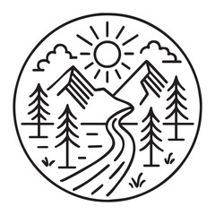 Circular badge design with hand drawn mountains lake canoe and trees ideal for outdoor travel hiking nature camping and adventure themes in clean minimal outline artwork style EPS Pro