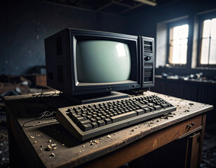 old monitor and keyboard on a dusty desk in a messy empty room