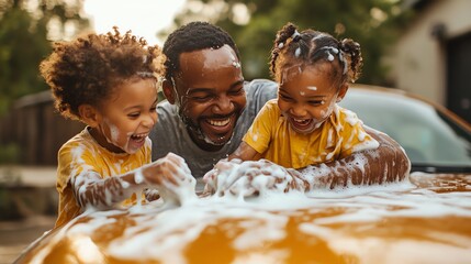 A joyful father and his young children washing a car