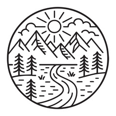 Outline badge of scenic mountain lake with sun pine trees and canoe hand drawn style for wilderness hiking outdoor nature adventure and minimalist travel themed artwork and branding EPS Pro