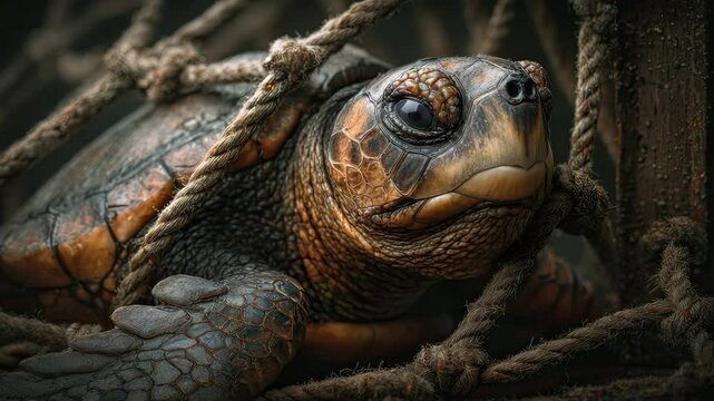 A close-up of a turtle caught in ropes, showcasing its intricate shell and expression.