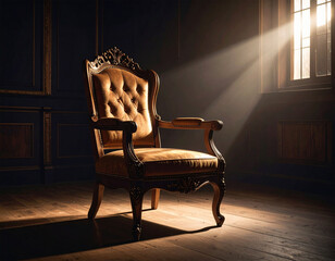 an old chair in an old house room with light coming in from an open window