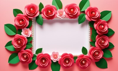 Floral frame with pink roses and green leaves on pastel background