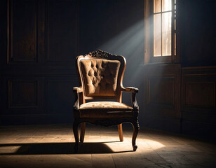 an old chair in an old house room with light coming in from an open window