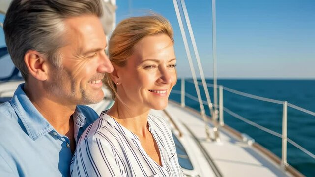 Happy mature couple enjoying a sea voyage on a private yacht. Romantic retirement and luxury travel concept. Use for tourism promotion or financial planning services
