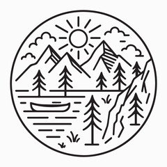 Minimal mountain and lake scene with canoe trees and sun in line art style circular design for outdoor nature camping hiking and travel themes perfect for print and digital use EPS Pro