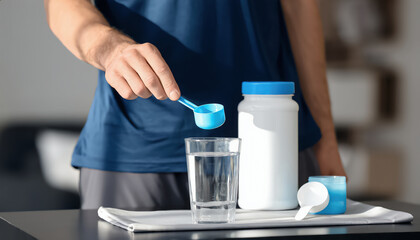 A person prepares a supplement drink by adding powder to a glass of water, emphasizing health and fitness.