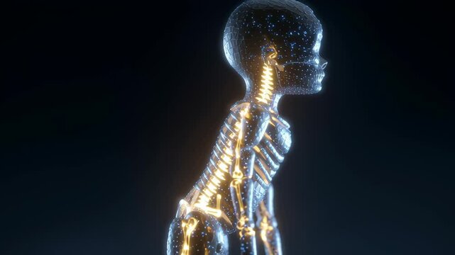 Scientific 3d medical animation revealing skeletal progression of infant motor skill development through crawling and standing stages, representing biological growth mechanisms in early childhood