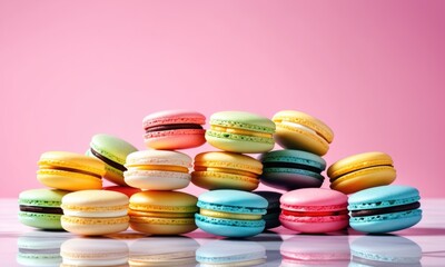 Colorful pile of assorted macarons with pink background