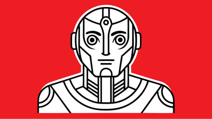 Illustration of a white and black lined robot on a red background with a futuristic design style