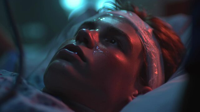 Critically ill patient gradually regaining consciousness in hospital bed, displaying intense emotional struggle while recovering from serious medical emergency, sweat glistening across weary face