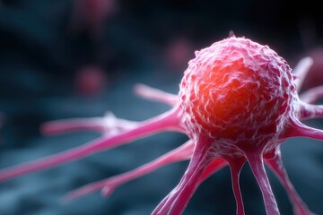 Pink sphere with tendrils surrounded by a dark blurred background