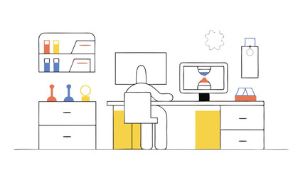 Person sitting at a desk with two monitors and a shelf with various items in a simple drawing style