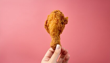 fried chicken on pastel background with space above for text crispy delight close up of fried chicken held in hand against vibrant pink background