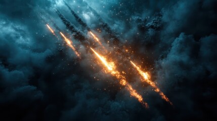A visually striking representation of meteors blazing through a dark night sky, creating fiery trails that enhance the dramatic atmosphere of the scene.