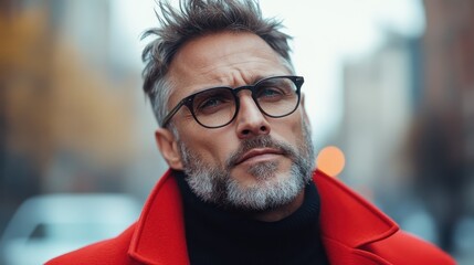 A stylish older man with glasses gazes confidently into the camera, set against an urban backdrop, exuding sophistication and a sense of maturity.