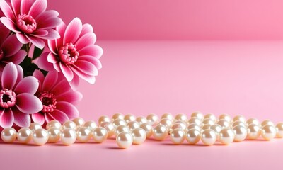 Elegant pink flowers and pearls on a soothing pink background