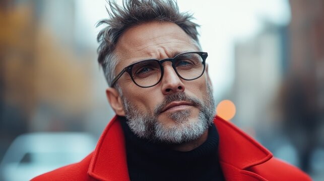 A stylish older man with glasses gazes confidently into the camera, set against an urban backdrop, exuding sophistication and a sense of maturity.