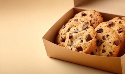 A box of freshly baked chocolate chip cookies on parchment paper.